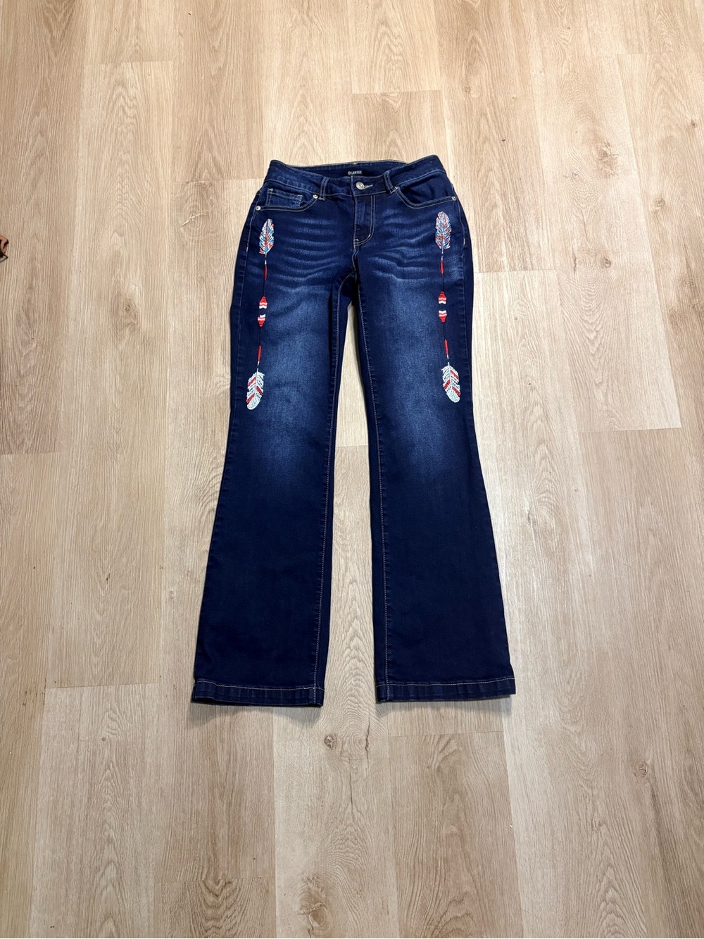 Flamingo Y2K Bootcut Jeans Size XS Dark Wash Embroidered Feathers Western Boho